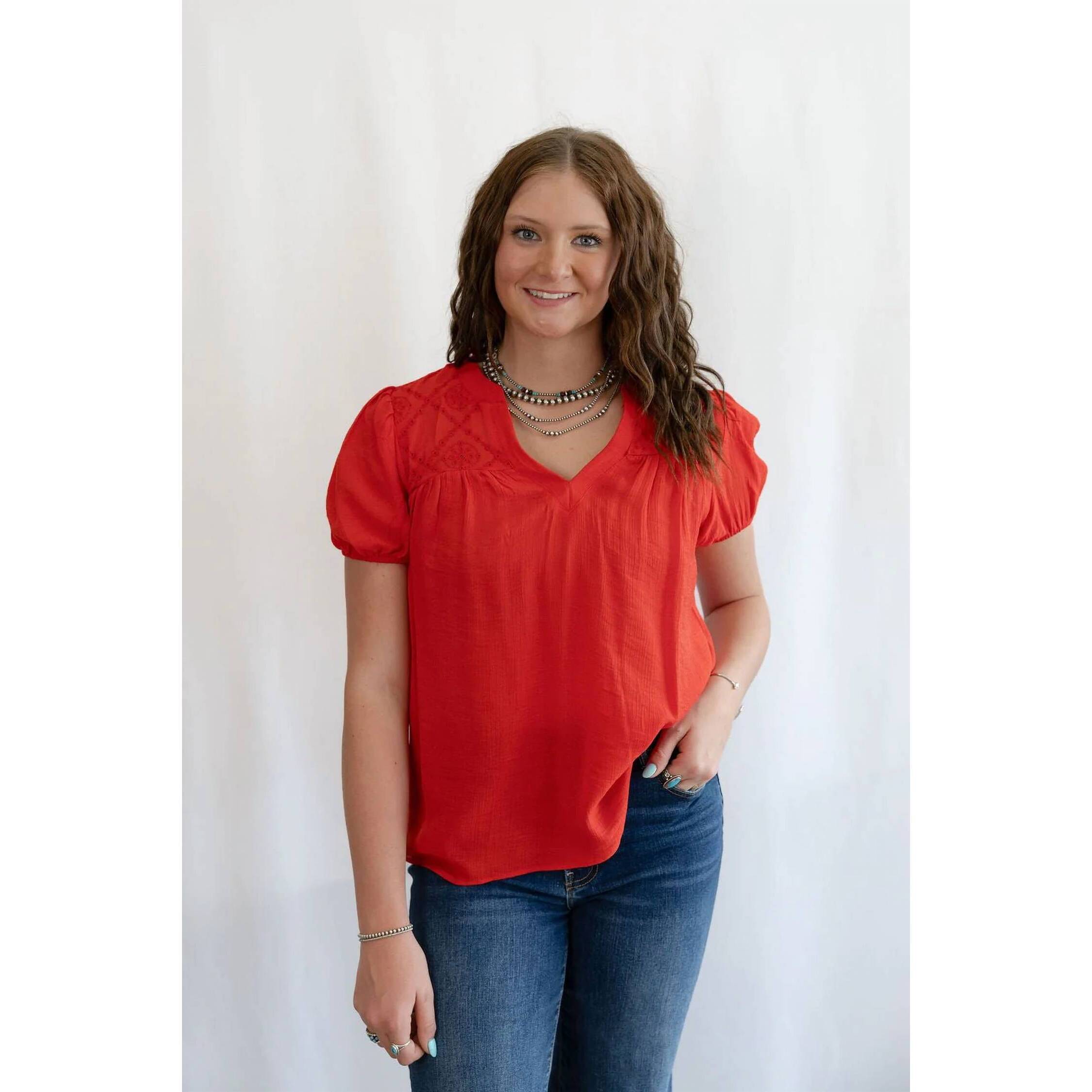 New Blu Pepper Scarlette Eyelet Puff Sleeve Western Top In Red